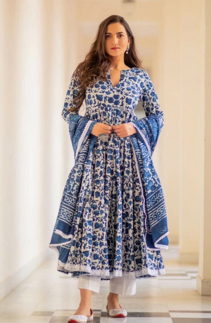 Indigo Color Cotton Flared Kurta and Pant with Dupatta