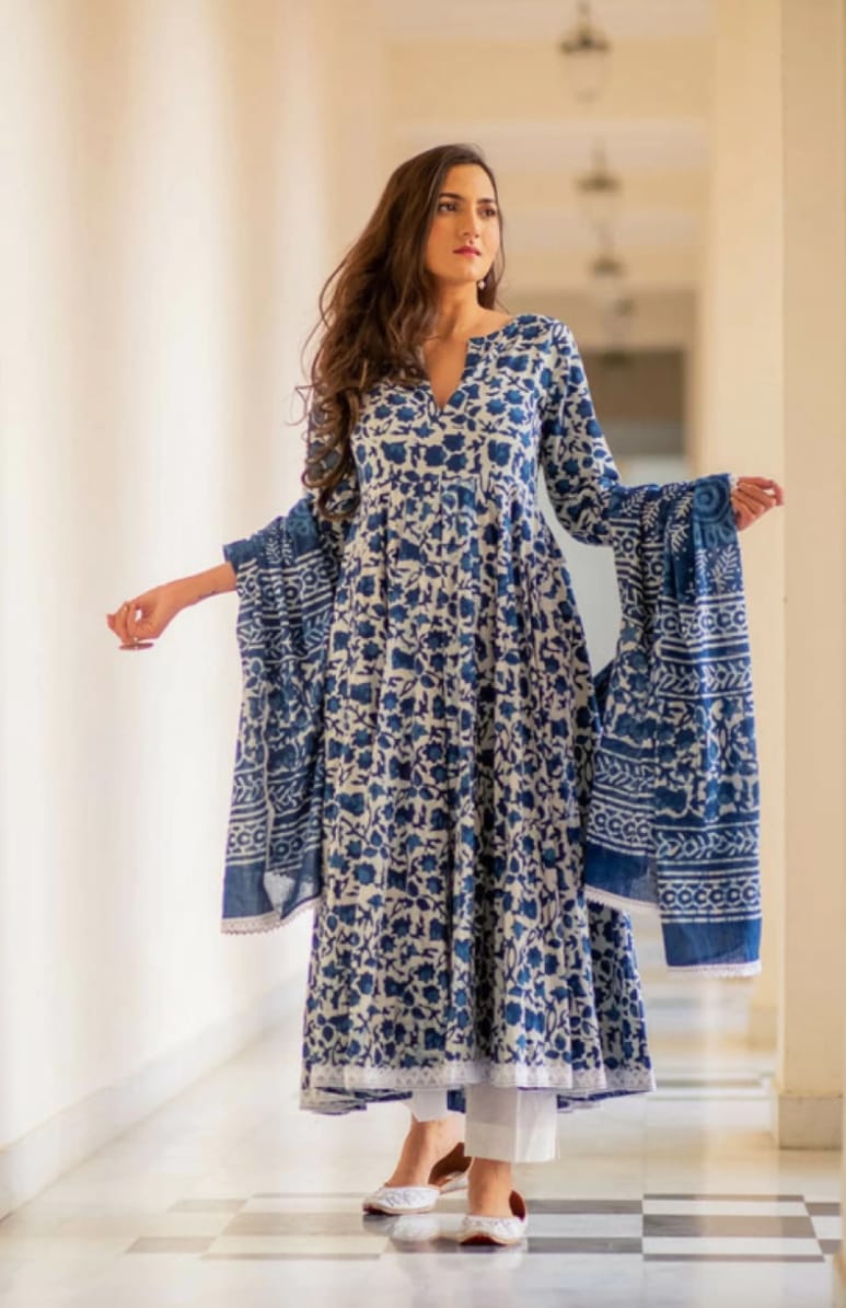 Indigo Color Cotton Flared Kurta and Pant with Dupatta
