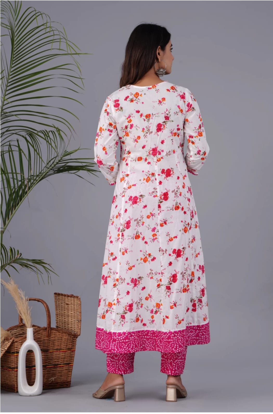 Pink Flower Cotton Printed Long Gown and Pant with Dupatta