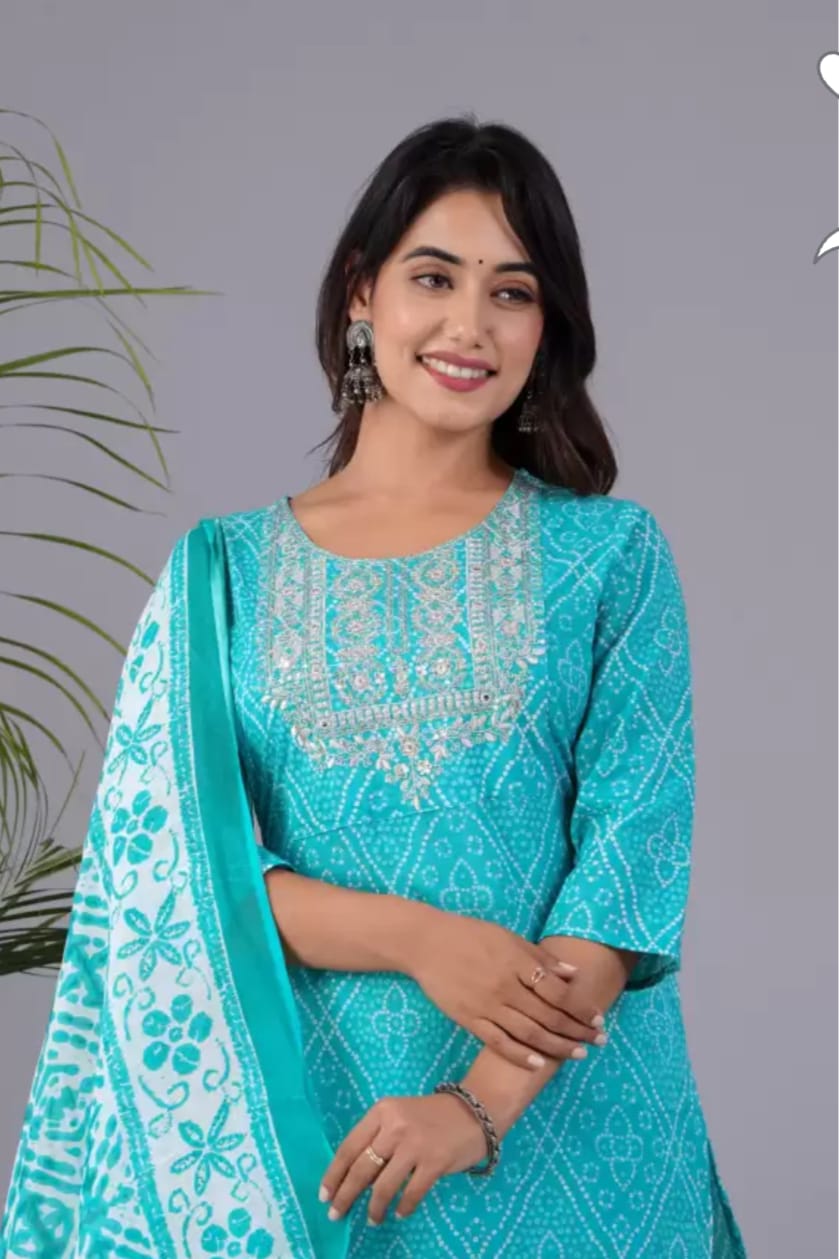 Blue Cotton Afghani Printed Embroidery Kurta and Pant with Dupatta
