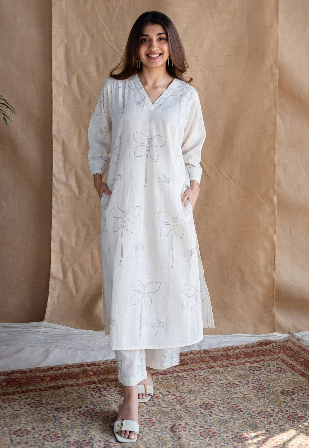 White Pure Cotton Slub Printed Kurta Pant Set