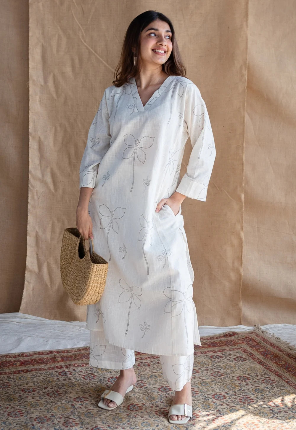 White Pure Cotton Slub Printed Kurta Pant Set