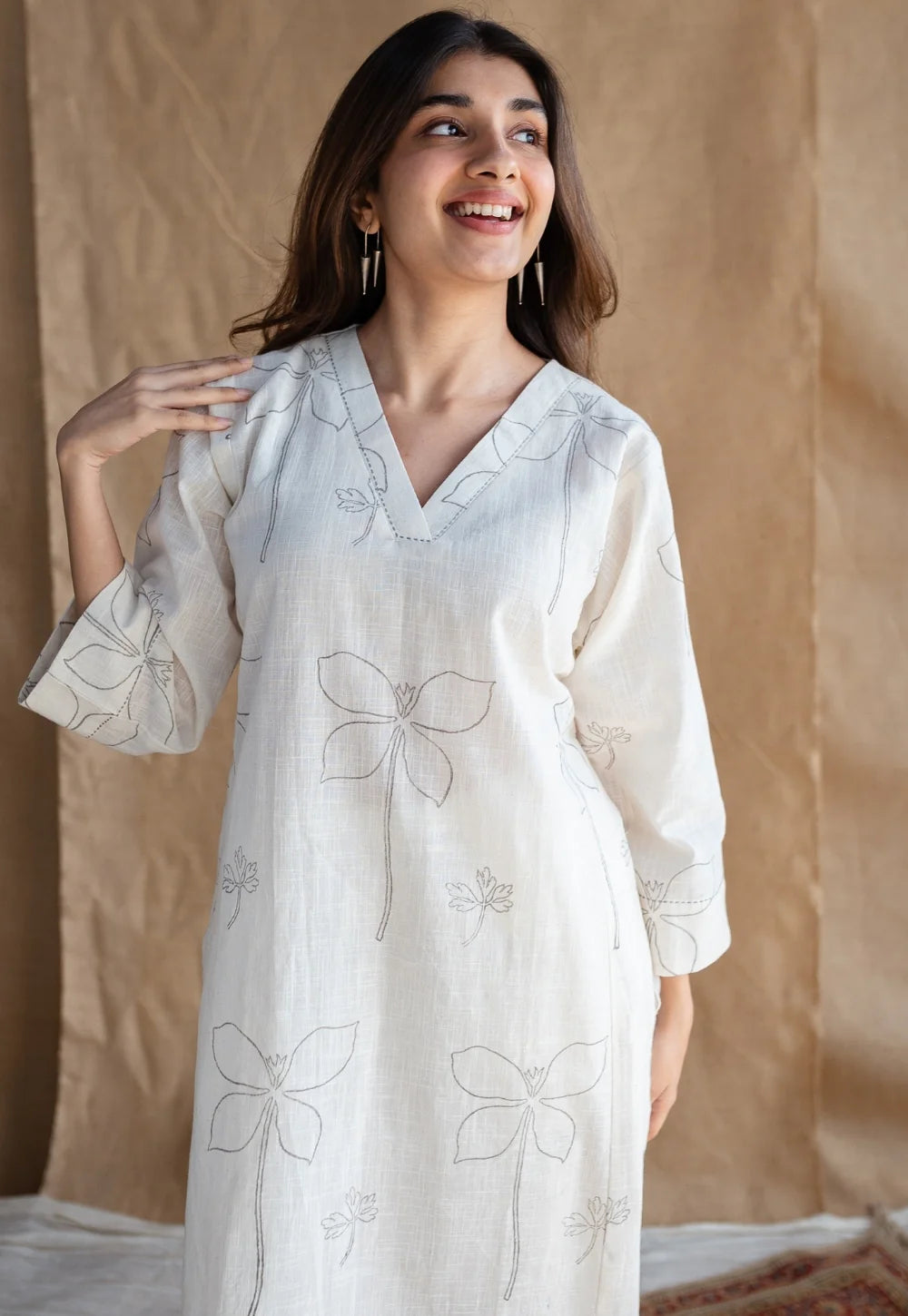White Pure Cotton Slub Printed Kurta Pant Set