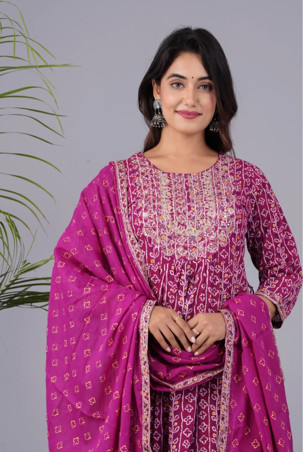 Wine Cotton Naira cut Embroidery Kurta With Dupatta Set