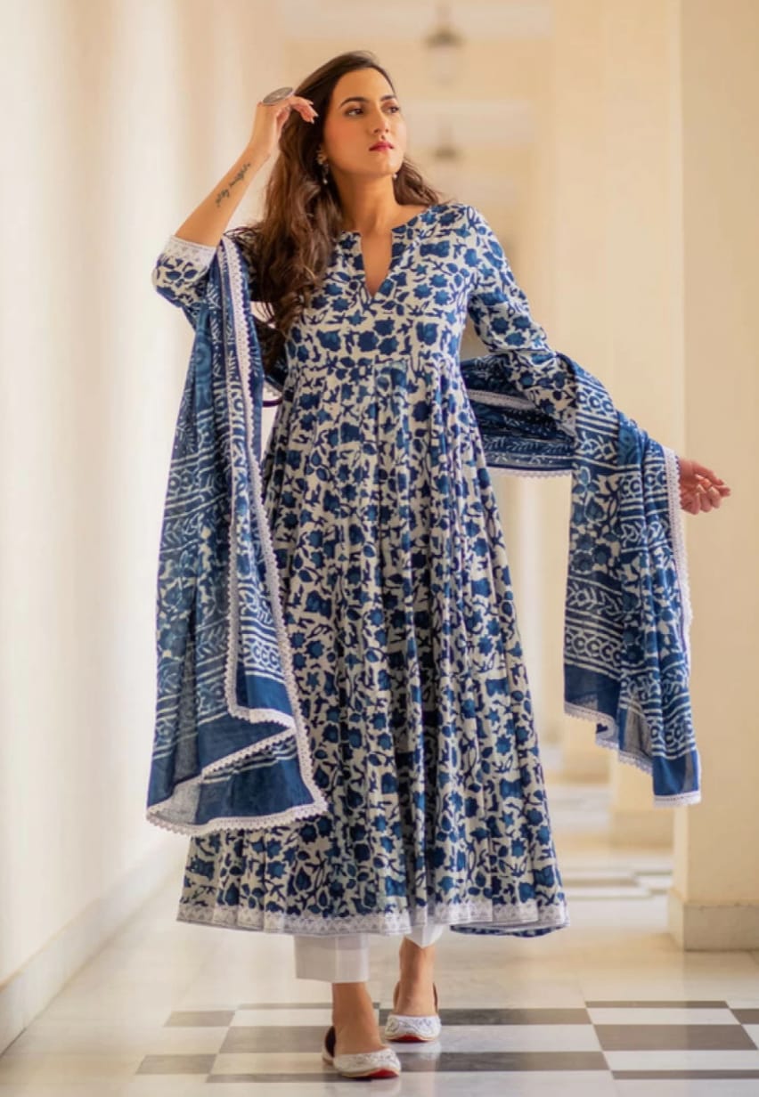 Indigo Color Cotton Flared Kurta and Pant with Dupatta