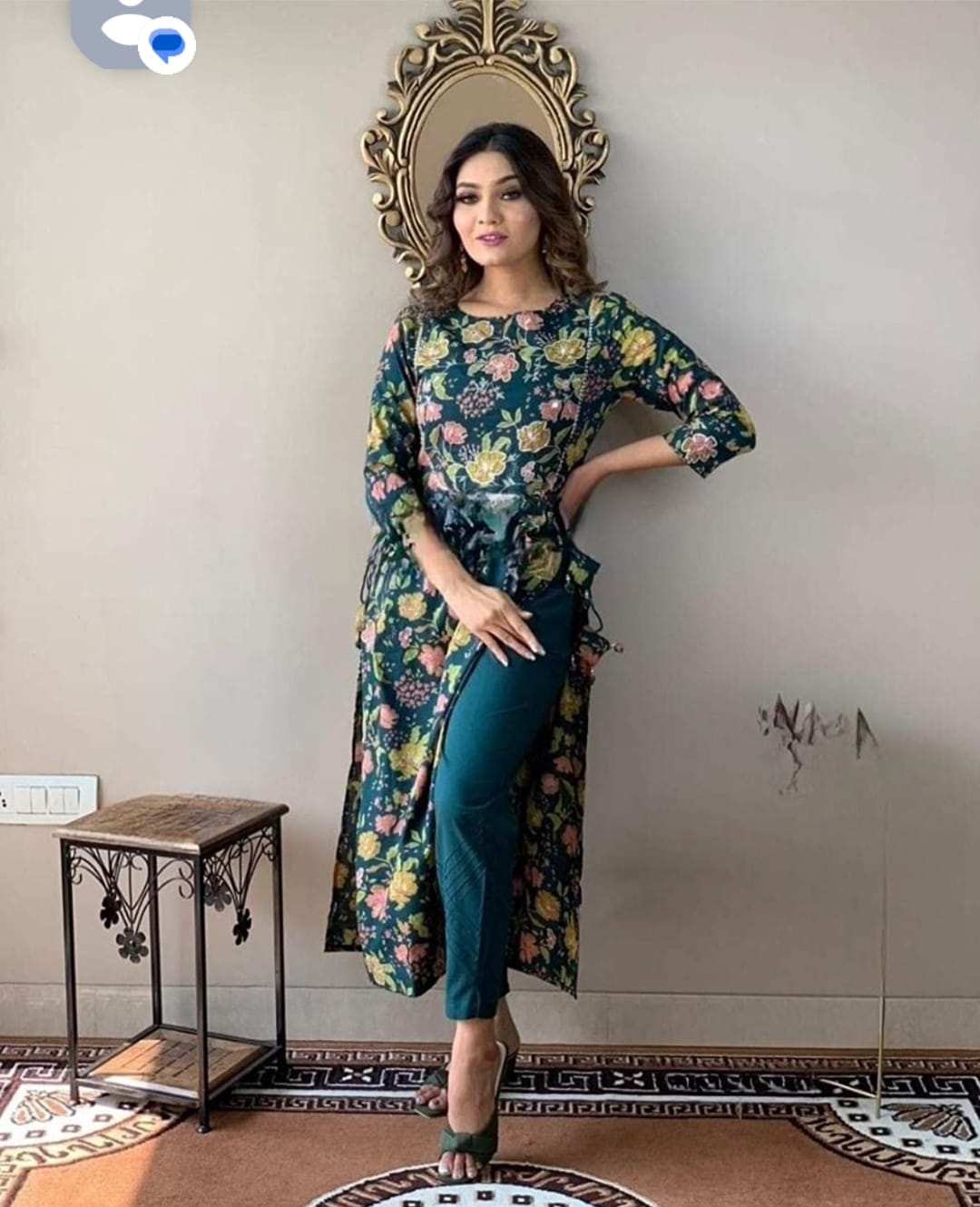 Rayon Green Flower Naira Cut Kurta Pant