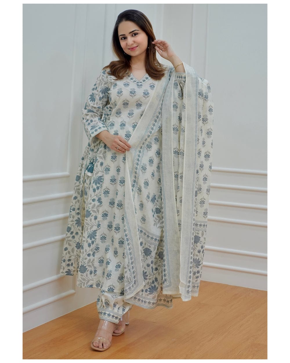 Cotton Kurta and Pant with Dupatta Grey Off White