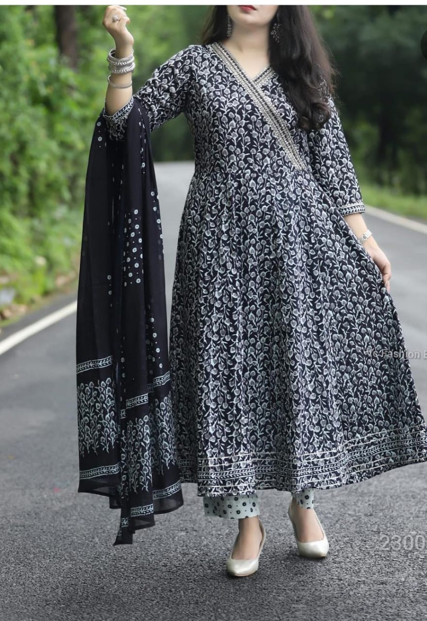 Black Cotton Angrakha Style Flared Kurta and Pant with Dupatta