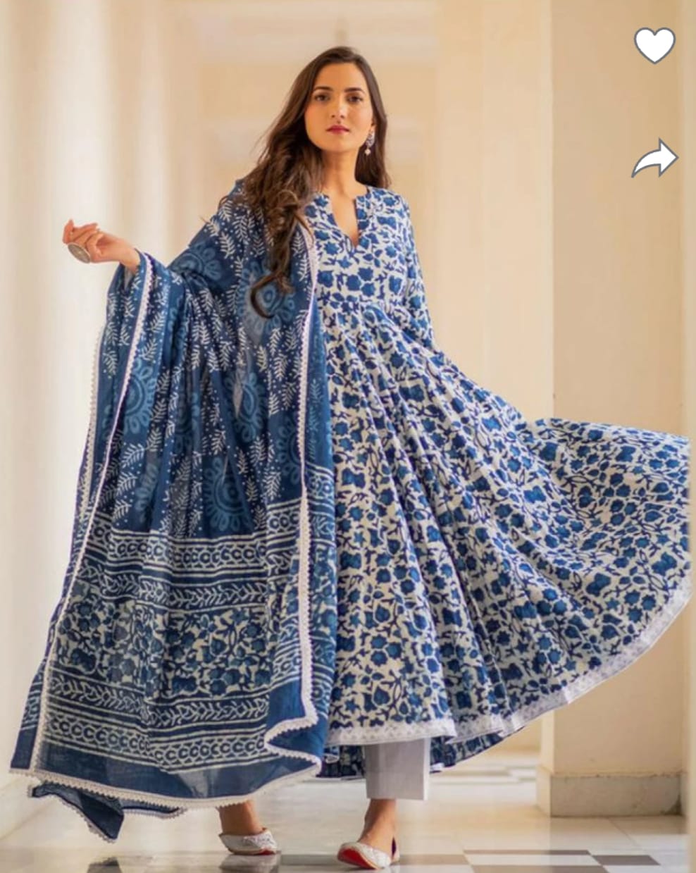 Indigo Color Cotton Flared Kurta and Pant with Dupatta
