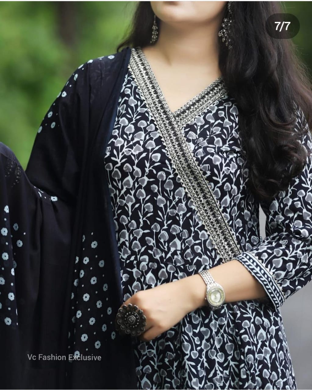 Black Cotton Angrakha Style Flared Kurta and Pant with Dupatta