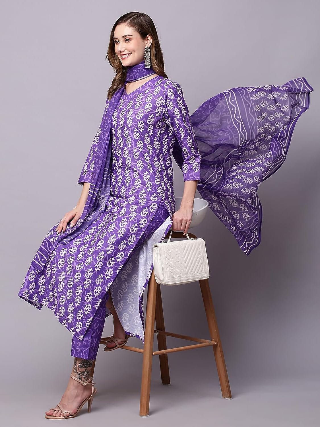 Cotton Printed Dabu Print Kurta Pant Dupatta Set Purple