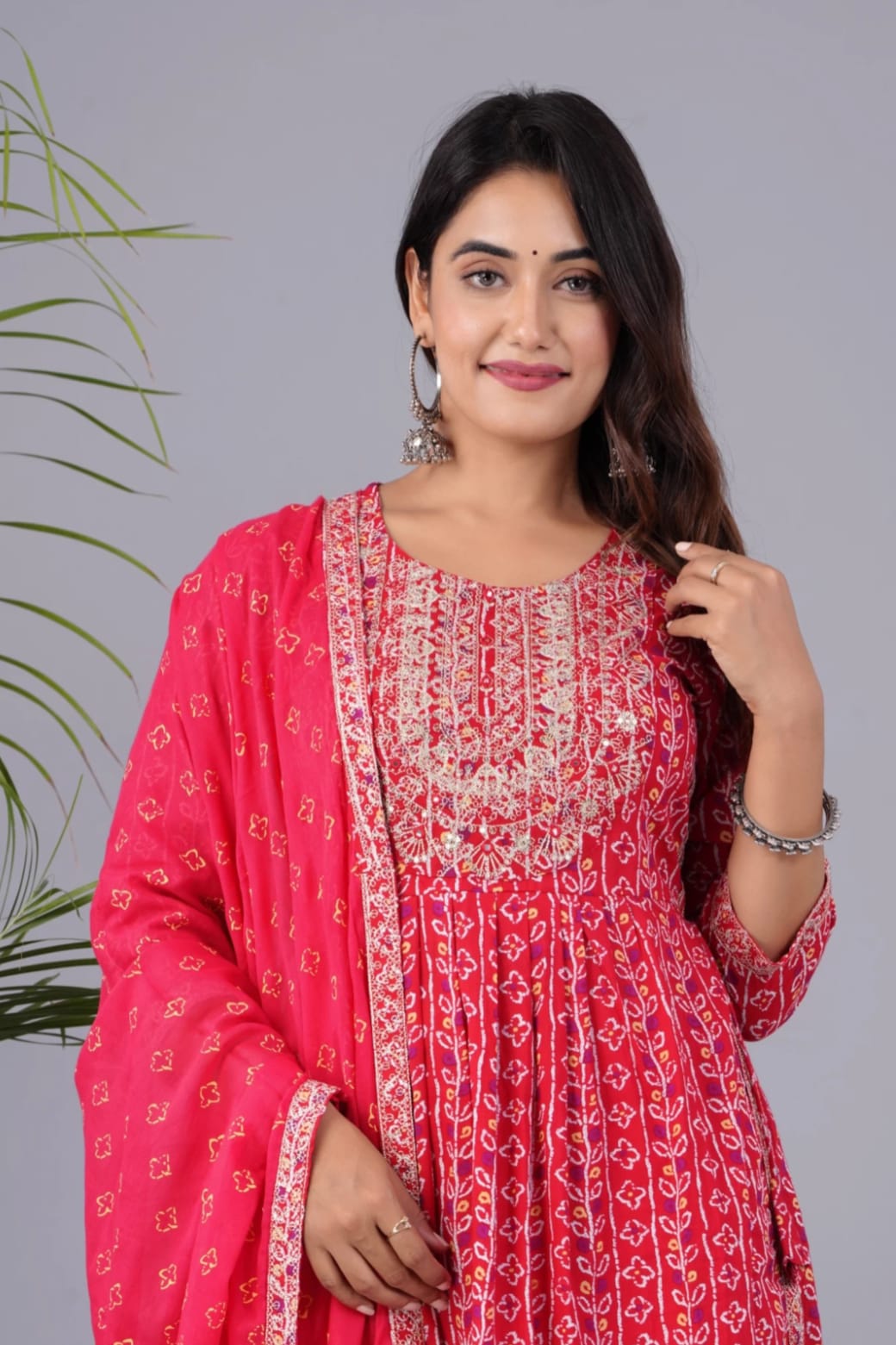 Red Cotton Naira cut Embroidery Kurta With Dupatta Set