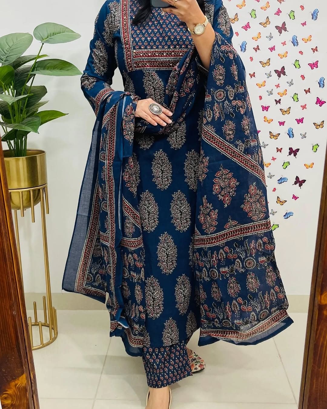 Pure Cotton Kurta Pant Dupatta Set New Printed Blue
