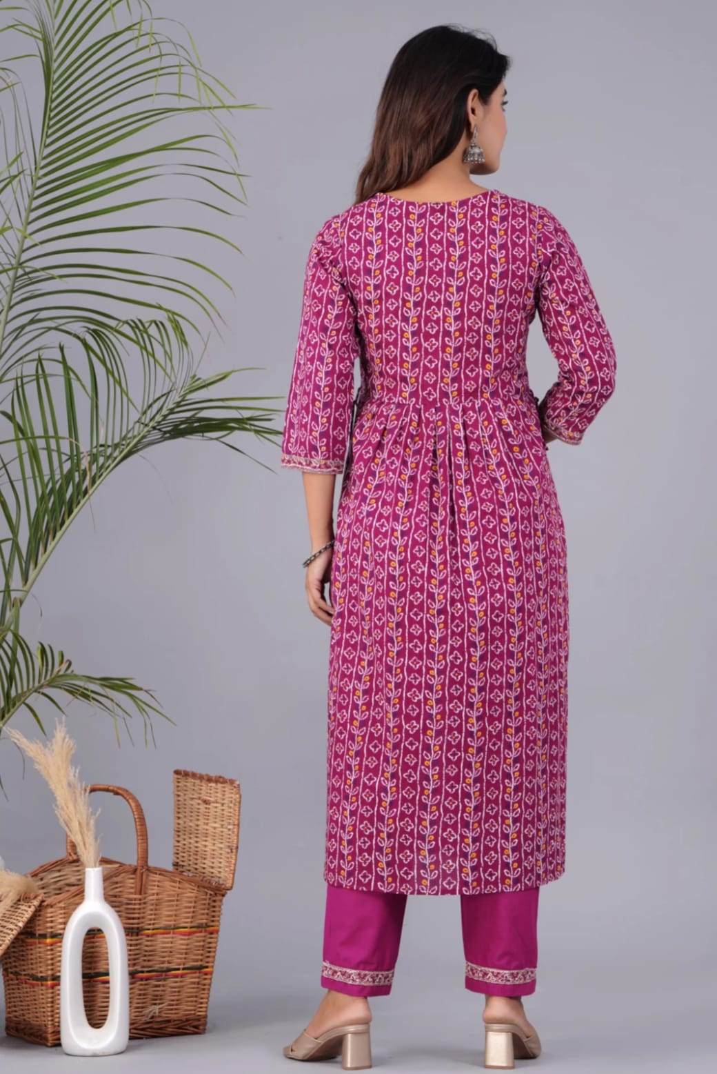 Wine Cotton Naira cut Embroidery Kurta With Dupatta Set