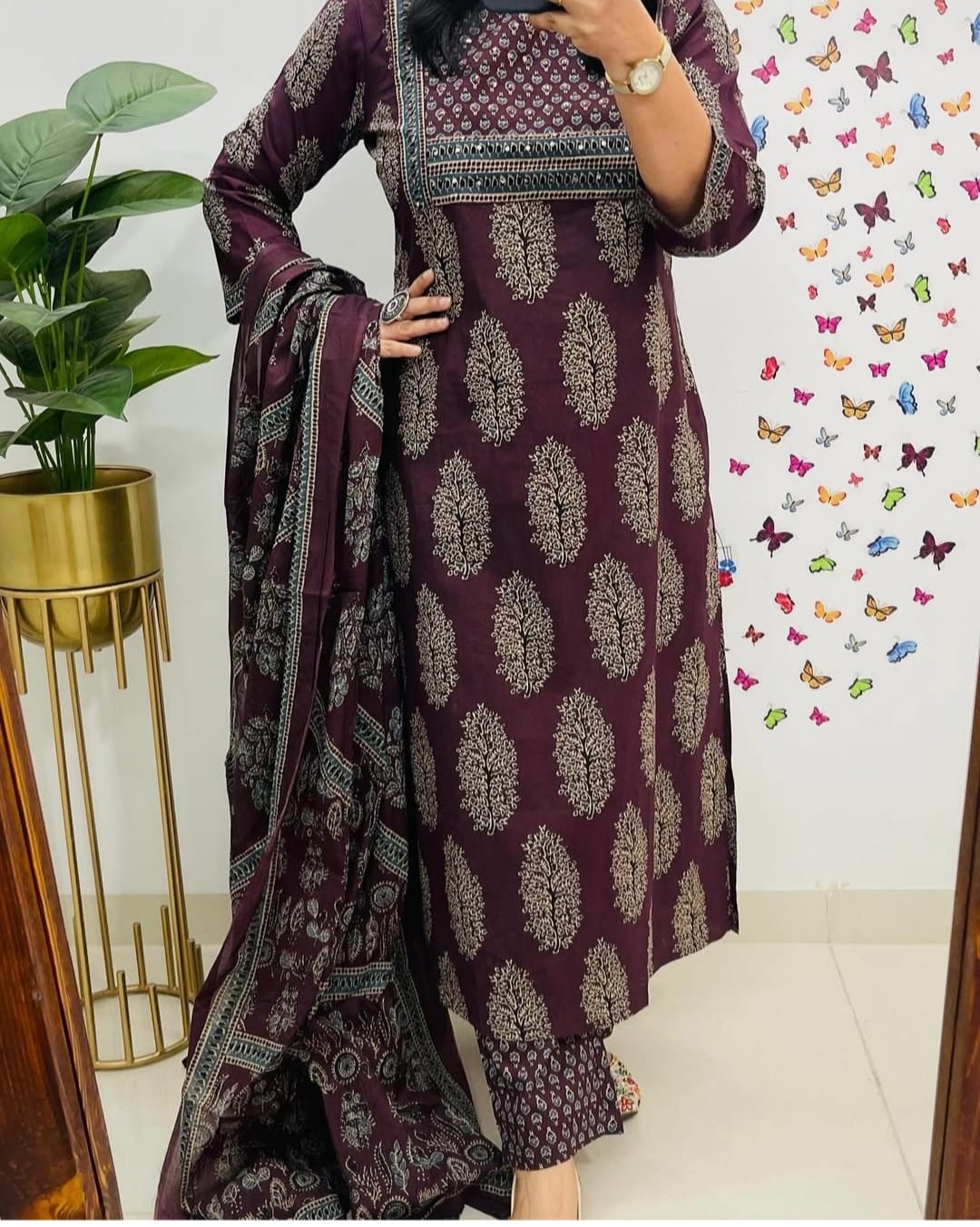 Pure Cotton Kurta Pant Dupatta Set New Printed Meroon