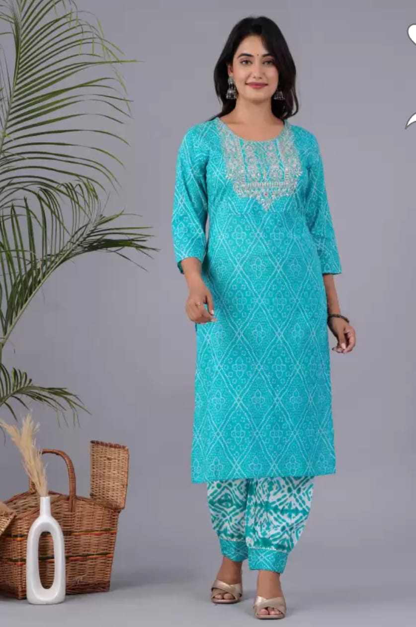Blue Cotton Afghani Printed Embroidery Kurta and Pant with Dupatta