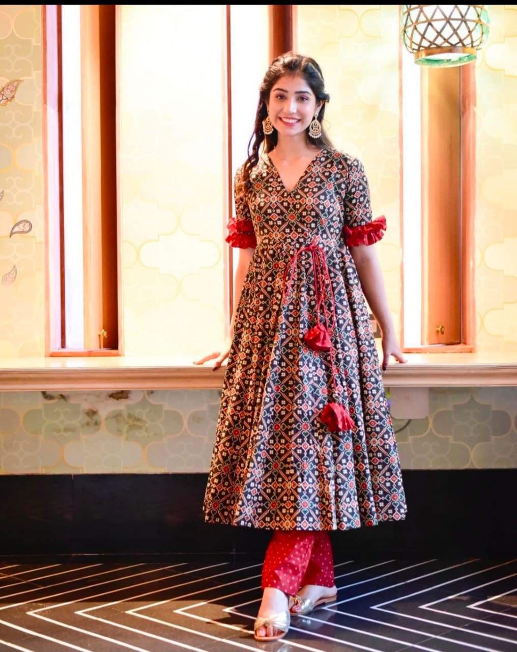 Cotton Patola Gown Print Flaired Kurti With Pant
