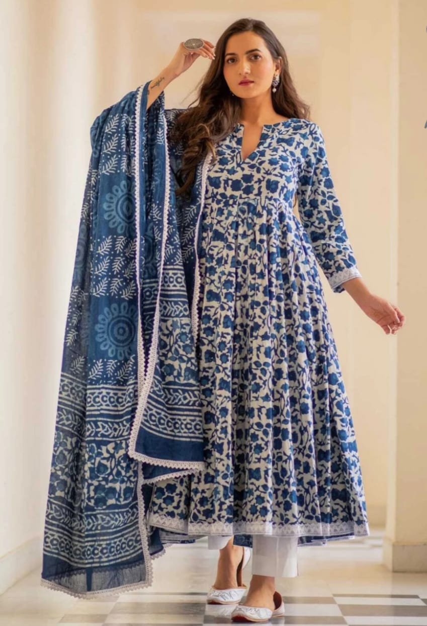 Indigo Color Cotton Flared Kurta and Pant with Dupatta