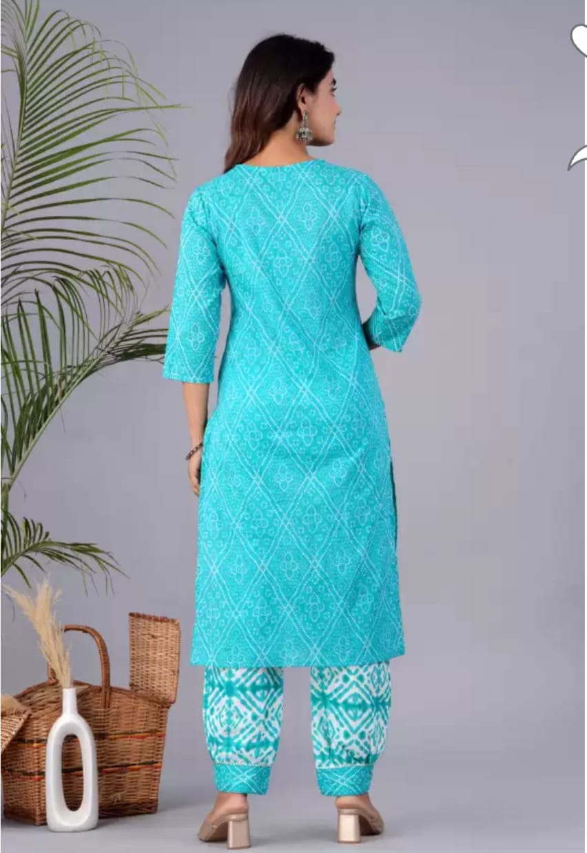 Blue Cotton Afghani Printed Embroidery Kurta and Pant with Dupatta