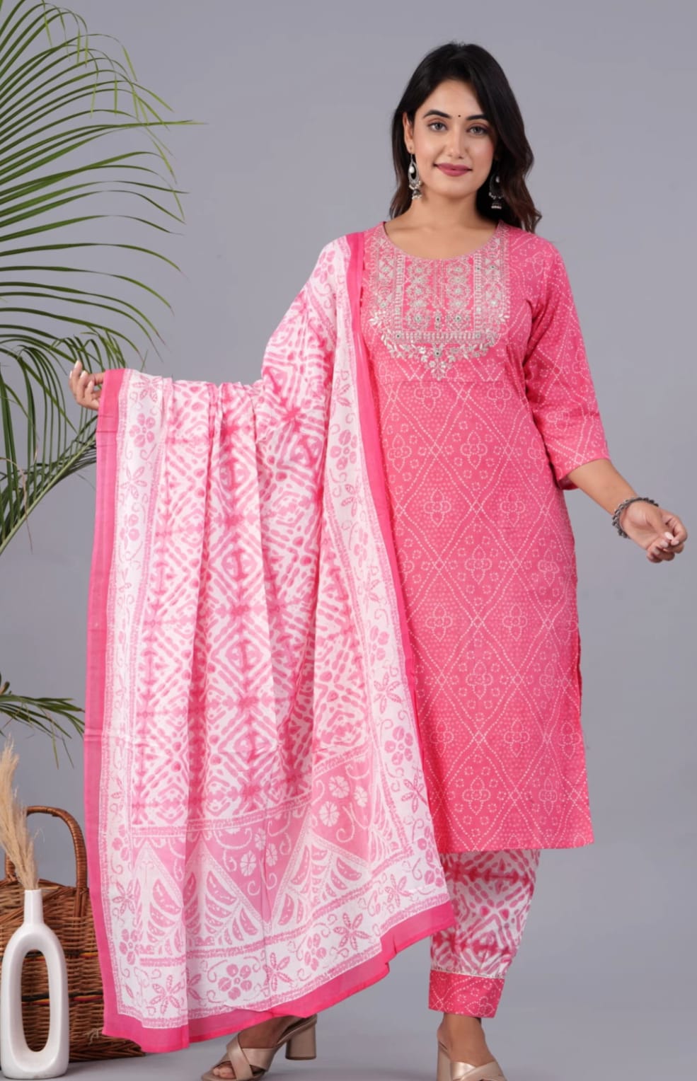 Pink Cotton Afghani Printed Embroidery Kurta and Pant with Dupatta