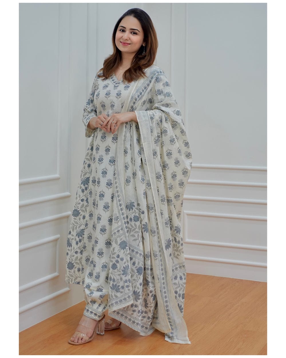 Cotton Kurta and Pant with Dupatta Grey Off White