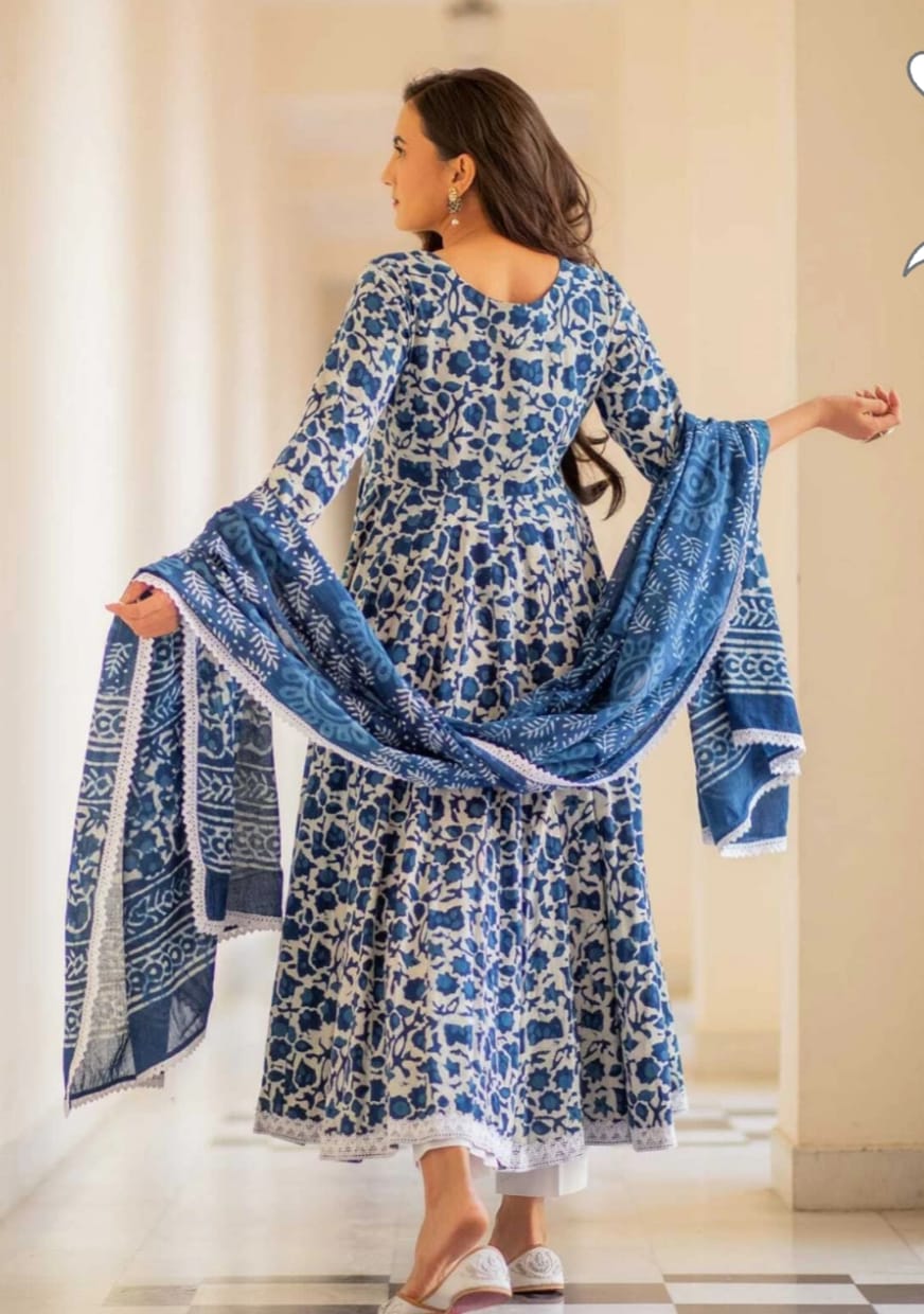 Indigo Color Cotton Flared Kurta and Pant with Dupatta