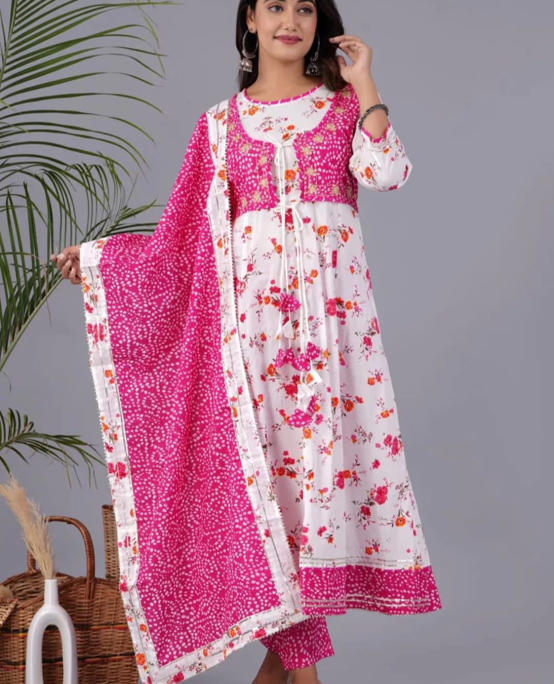 Pink Flower Cotton Printed Long Gown and Pant with Dupatta