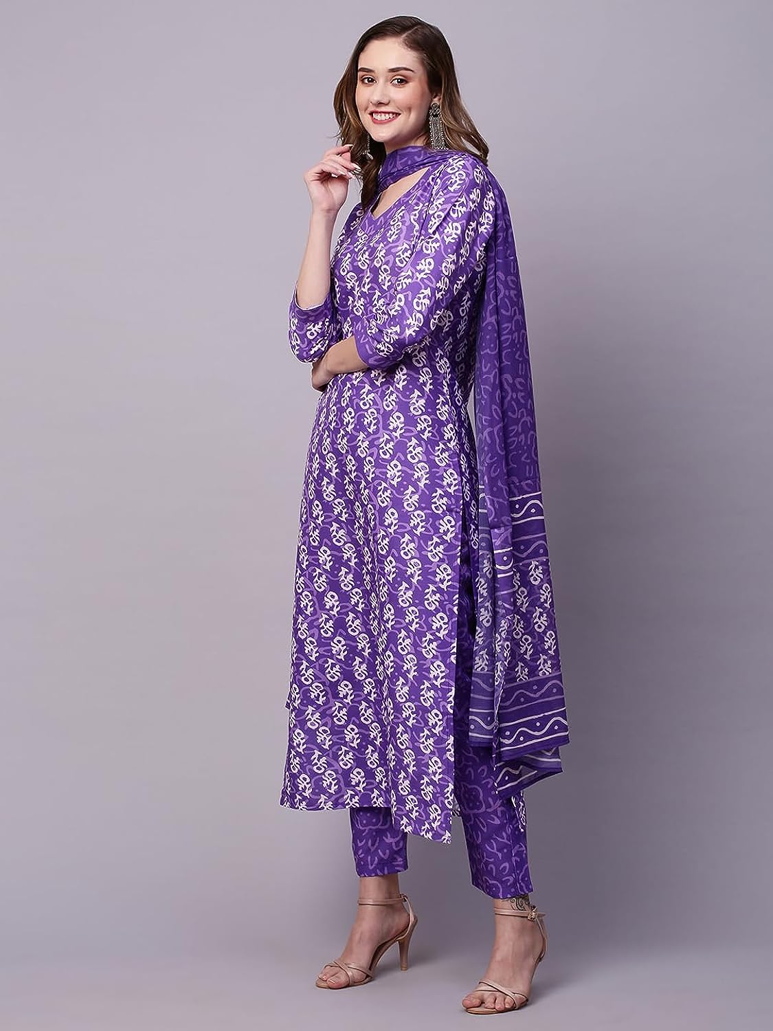 Cotton Printed Dabu Print Kurta Pant Dupatta Set Purple