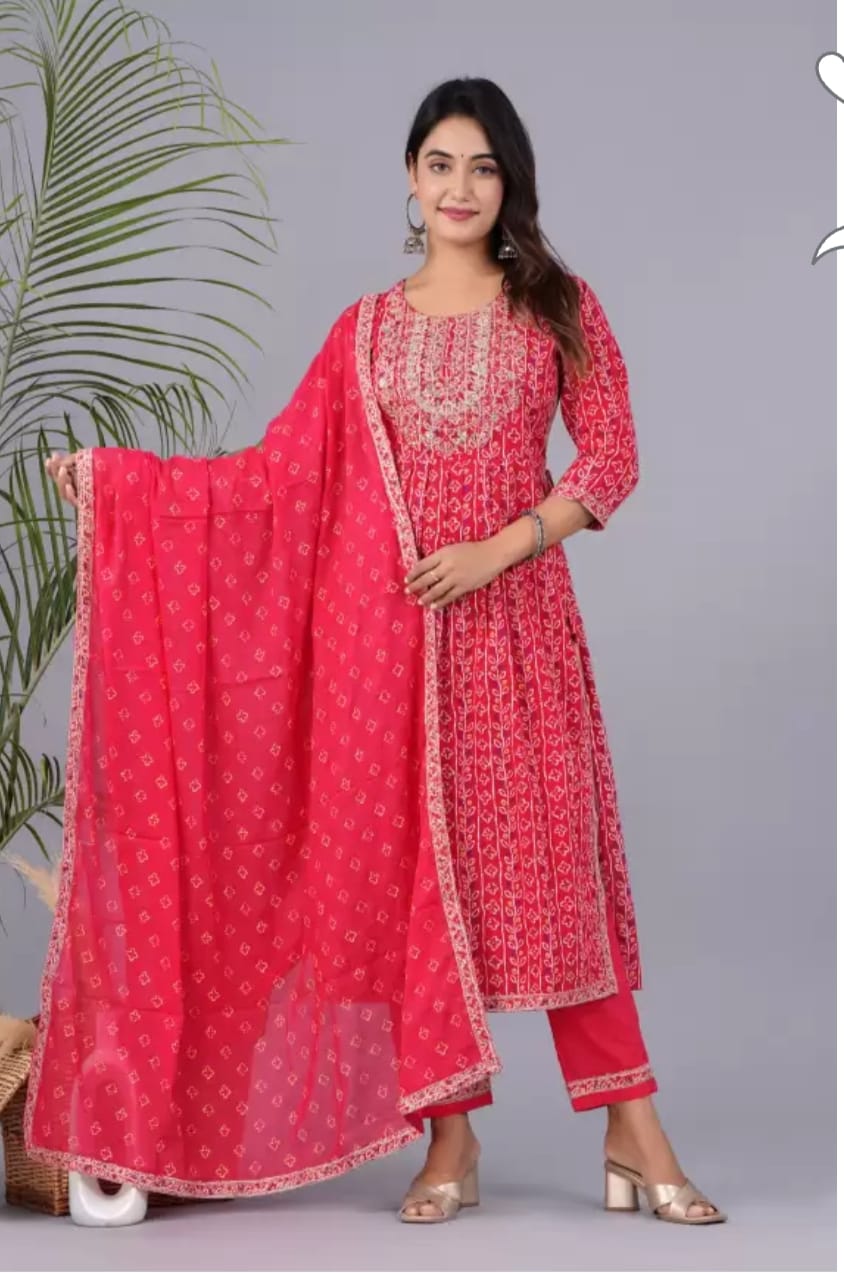 Red Cotton Naira cut Embroidery Kurta With Dupatta Set