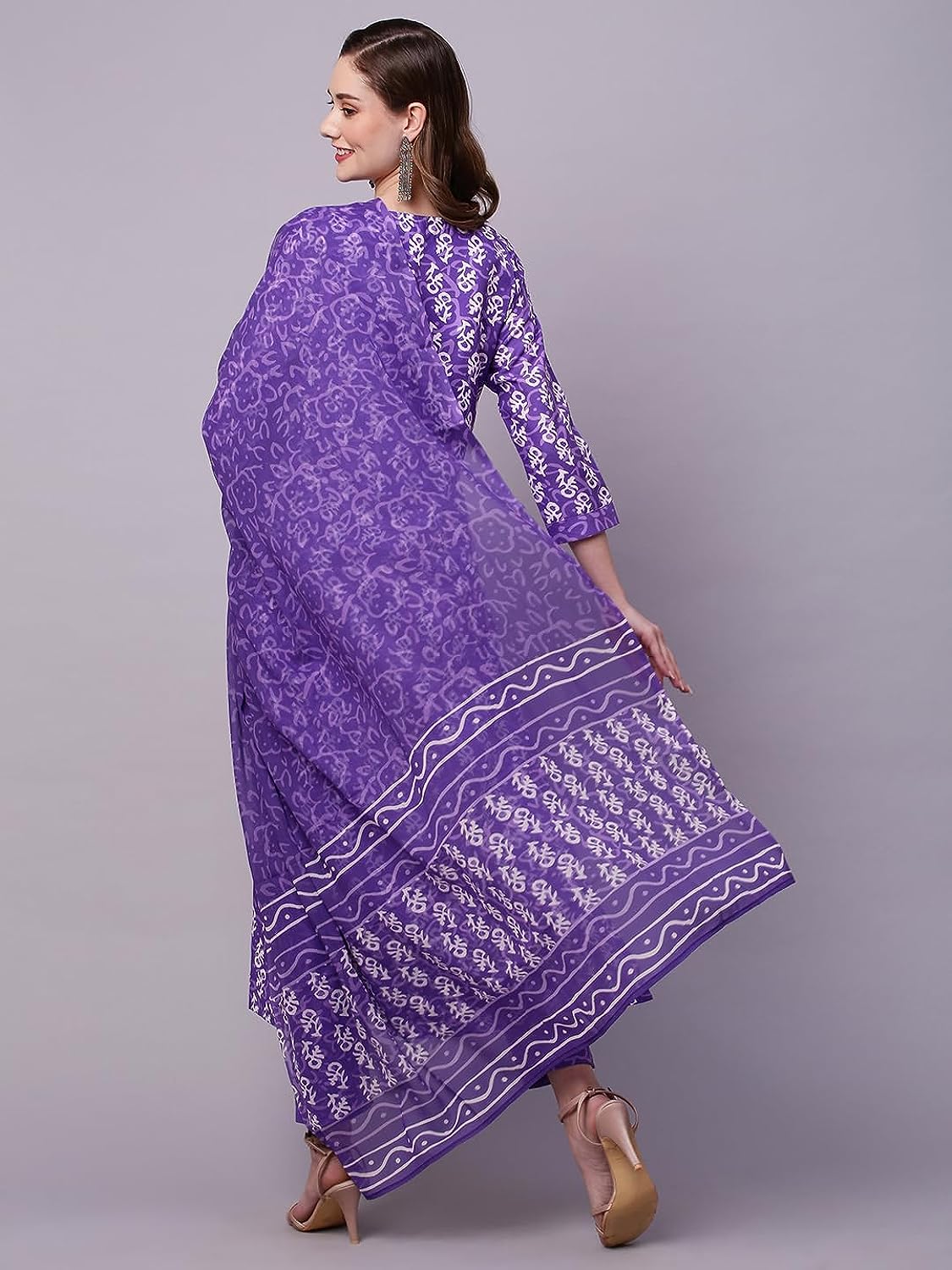 Cotton Printed Dabu Print Kurta Pant Dupatta Set Purple