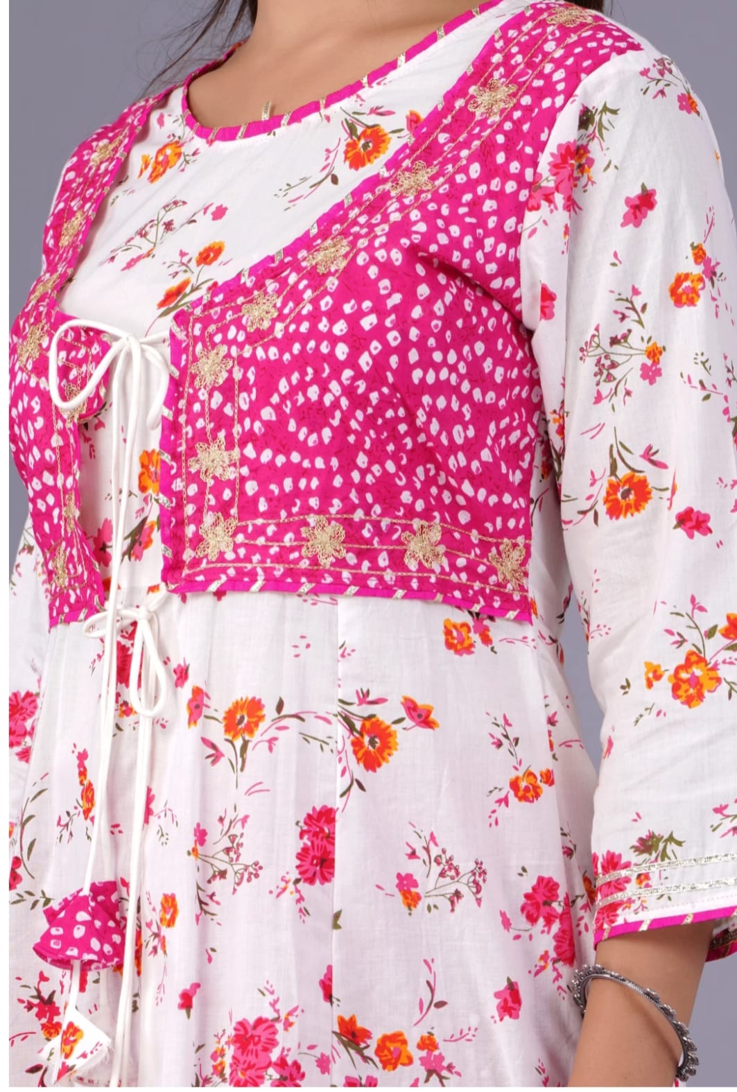 Pink Flower Cotton Printed Long Gown and Pant with Dupatta