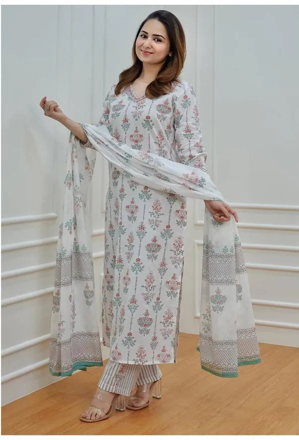Pure Cotton Kurta And Pants With Dupatta