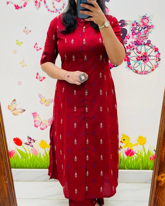 Pure Cotton New Printed Kurta Pant Set Red Dot