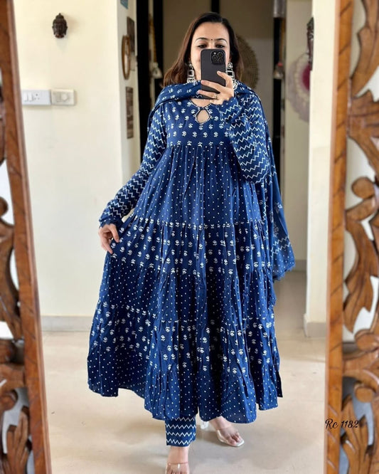 Pure Cotton New Stylish Anarkali Kurta Pant With Dupatta Set Blue