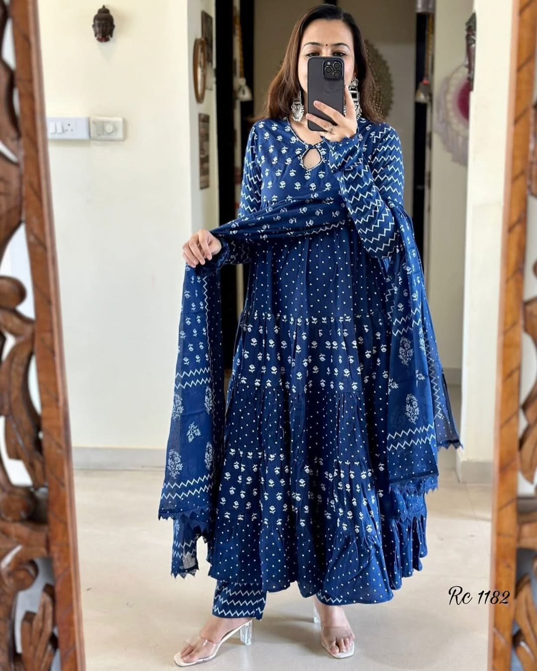 Pure Cotton New Stylish Anarkali Kurta Pant With Dupatta Set Blue