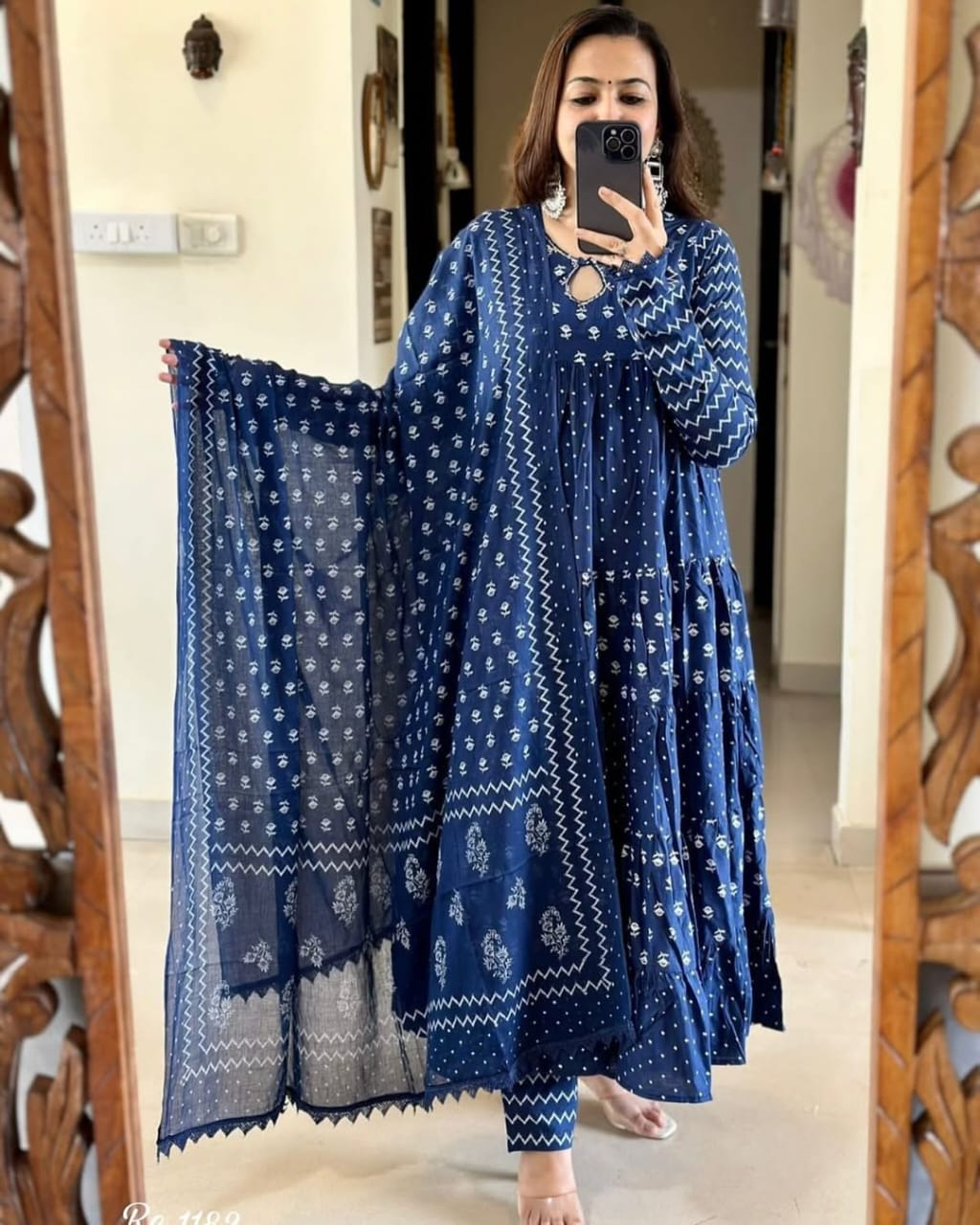 Pure Cotton New Stylish Anarkali Kurta Pant With Dupatta Set Blue