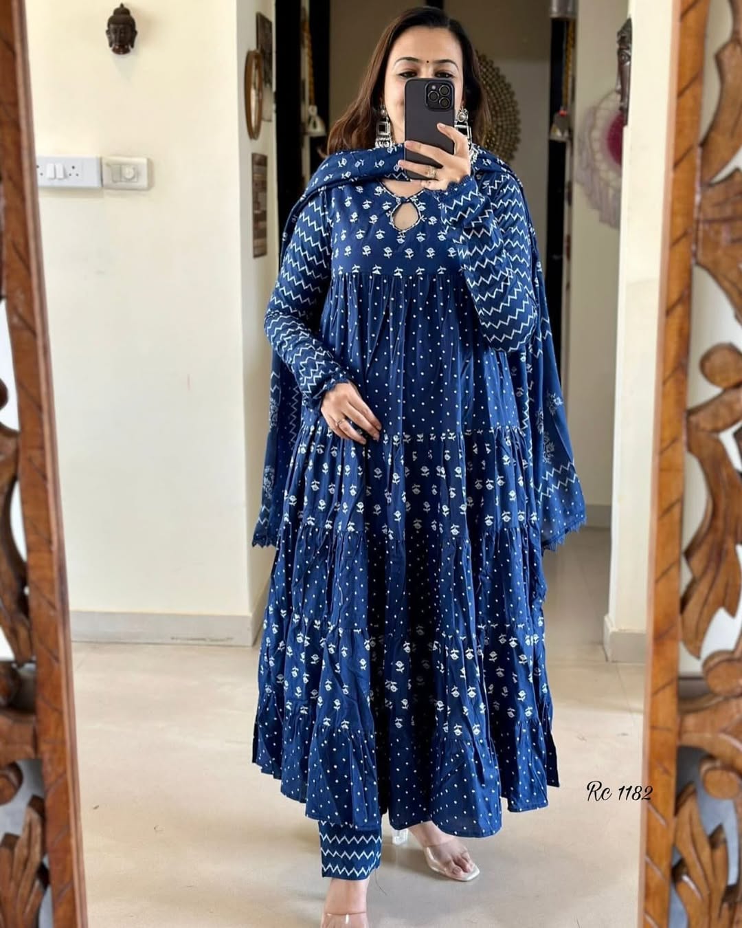Pure Cotton New Stylish Anarkali Kurta Pant With Dupatta Set Blue