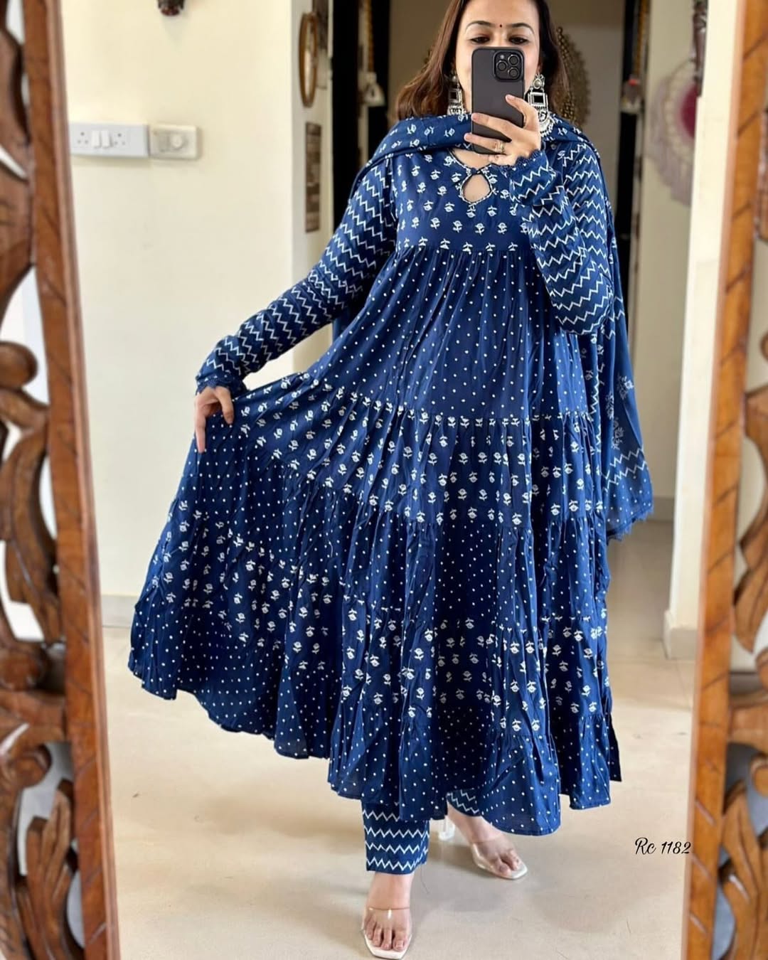 Pure Cotton New Stylish Anarkali Kurta Pant With Dupatta Set Blue