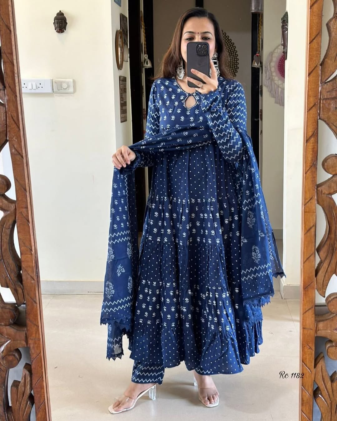 Pure Cotton New Stylish Anarkali Kurta Pant With Dupatta Set Blue