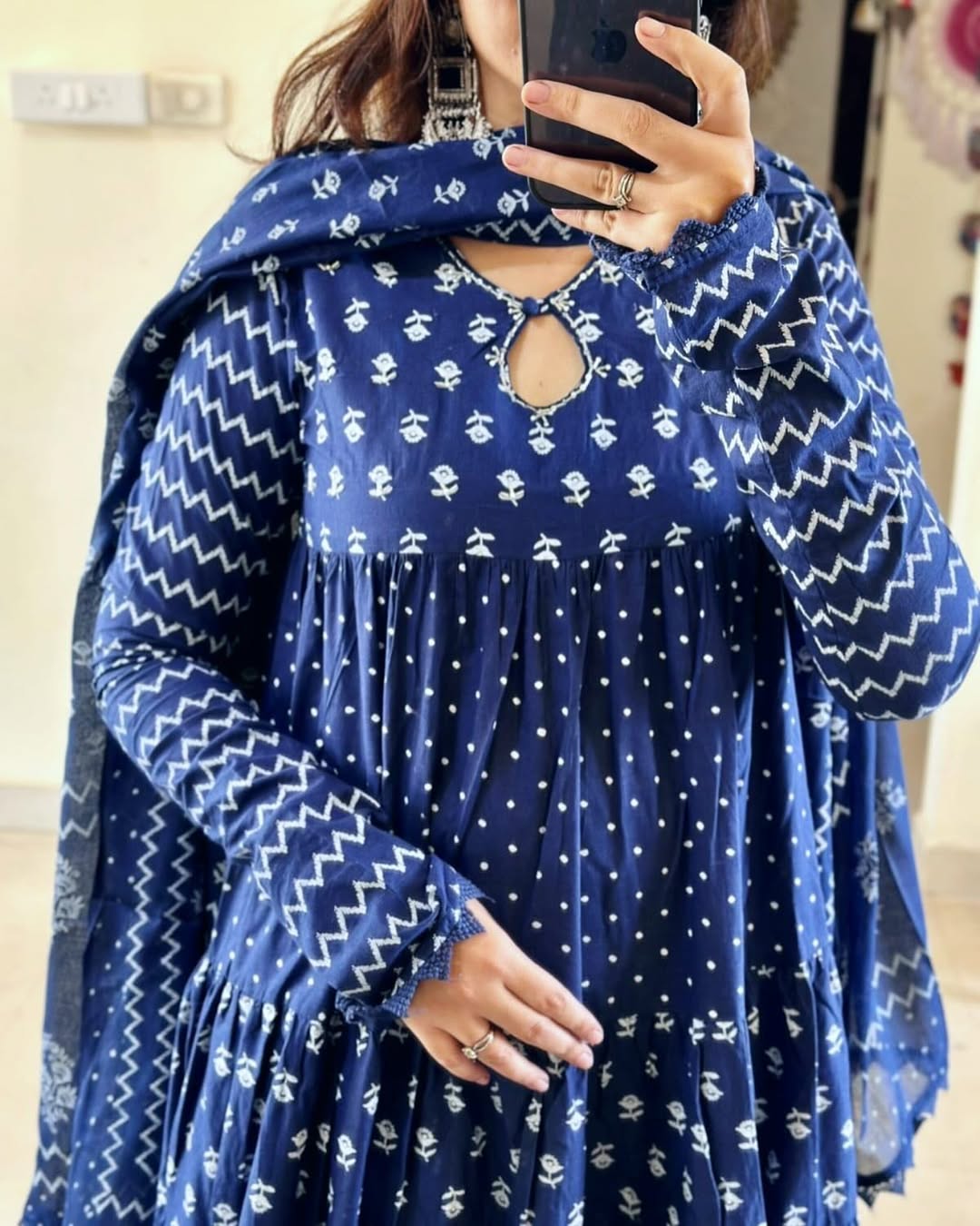 Pure Cotton New Stylish Anarkali Kurta Pant With Dupatta Set Blue