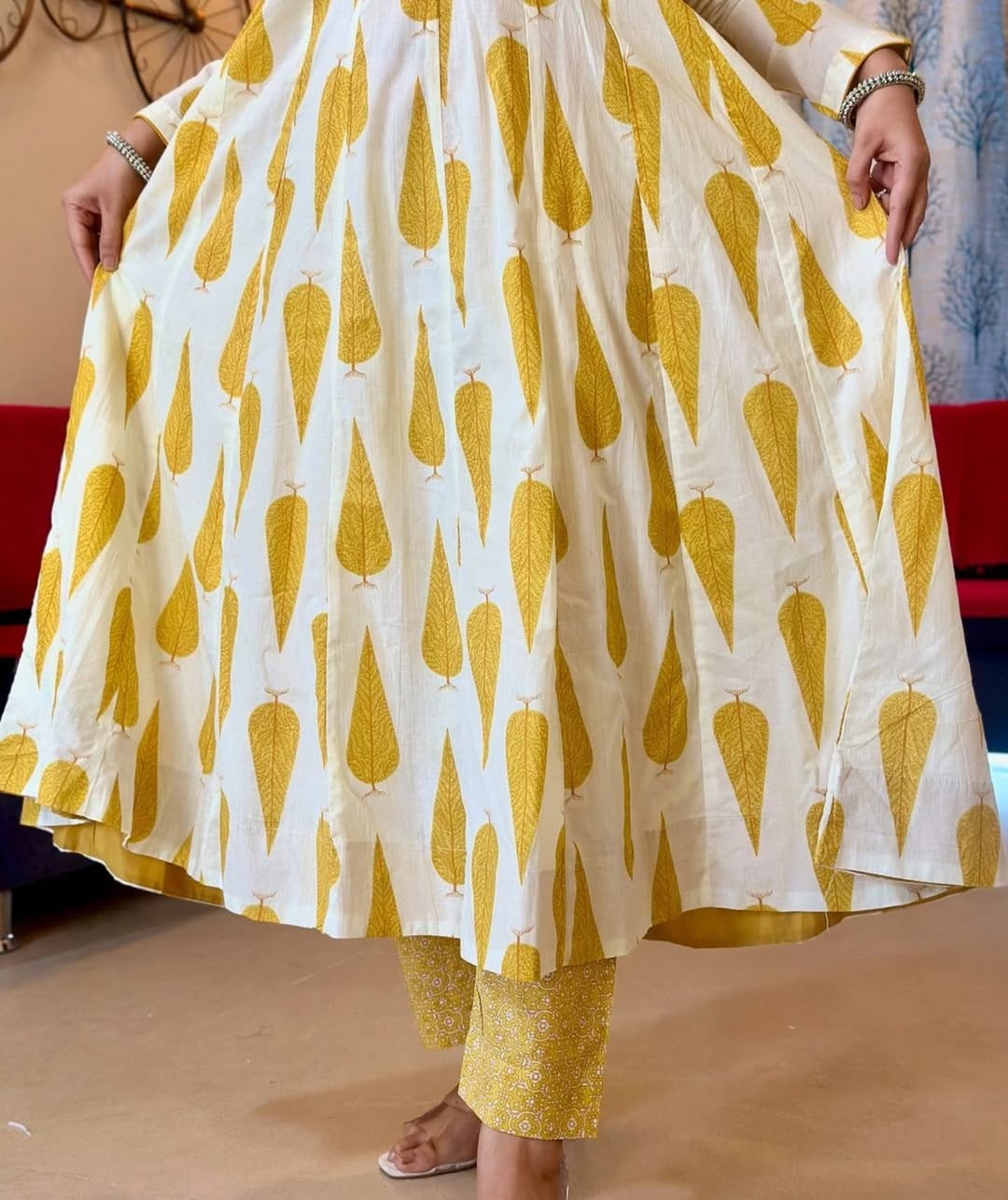 Pure Cotton New Stylish Anarkali Kurta Pant With Dupatta Set Tilak Yellow