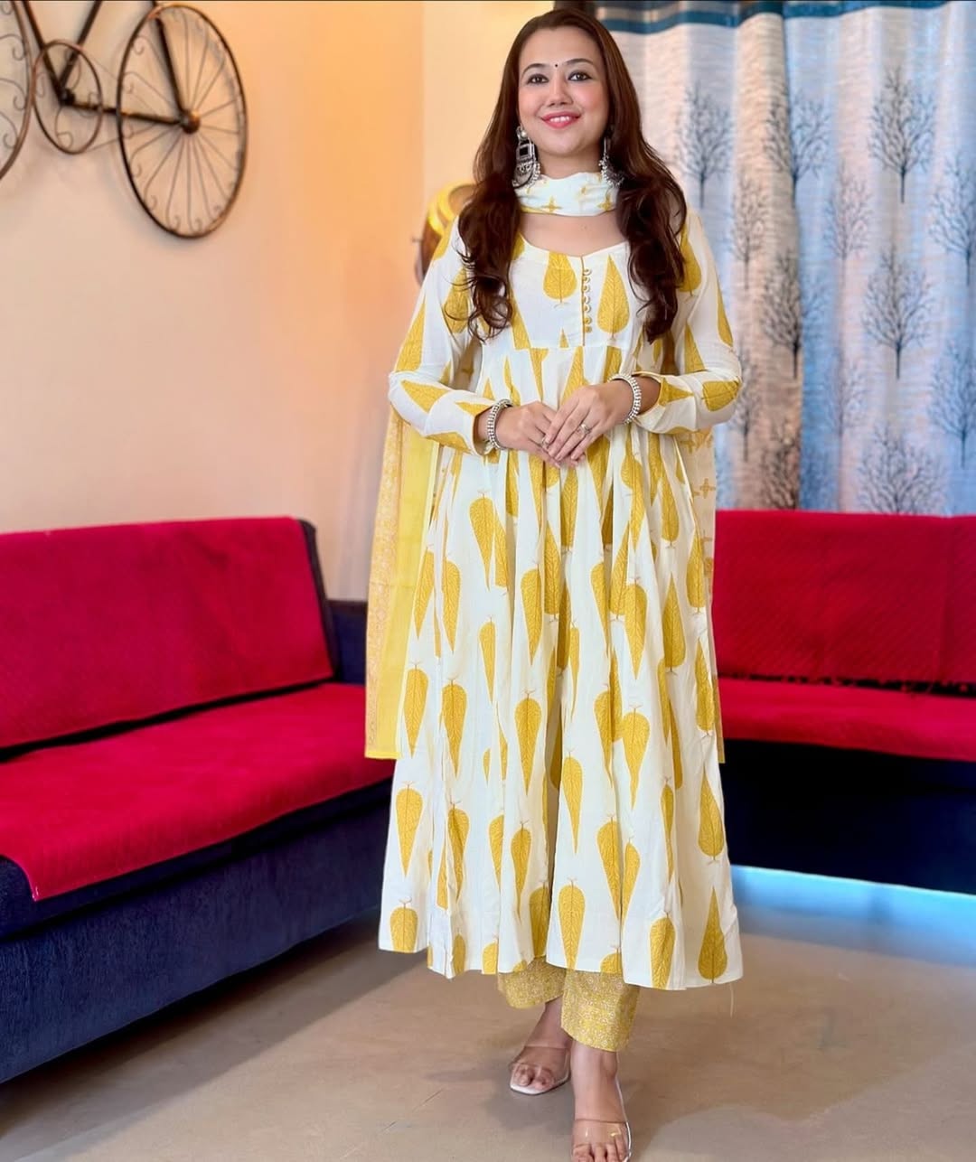 Pure Cotton New Stylish Anarkali Kurta Pant With Dupatta Set Tilak Yellow