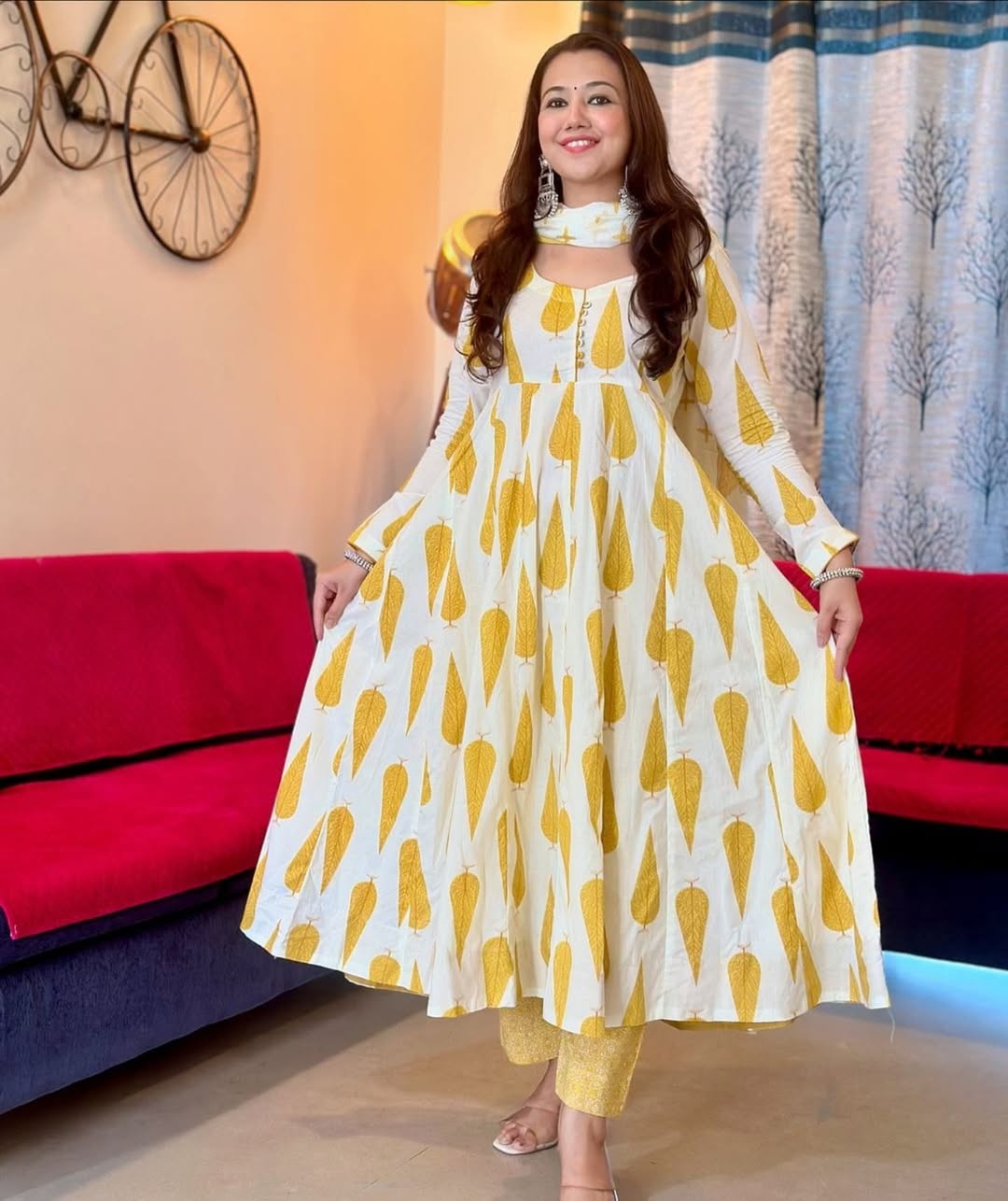 Pure Cotton New Stylish Anarkali Kurta Pant With Dupatta Set Tilak Yellow
