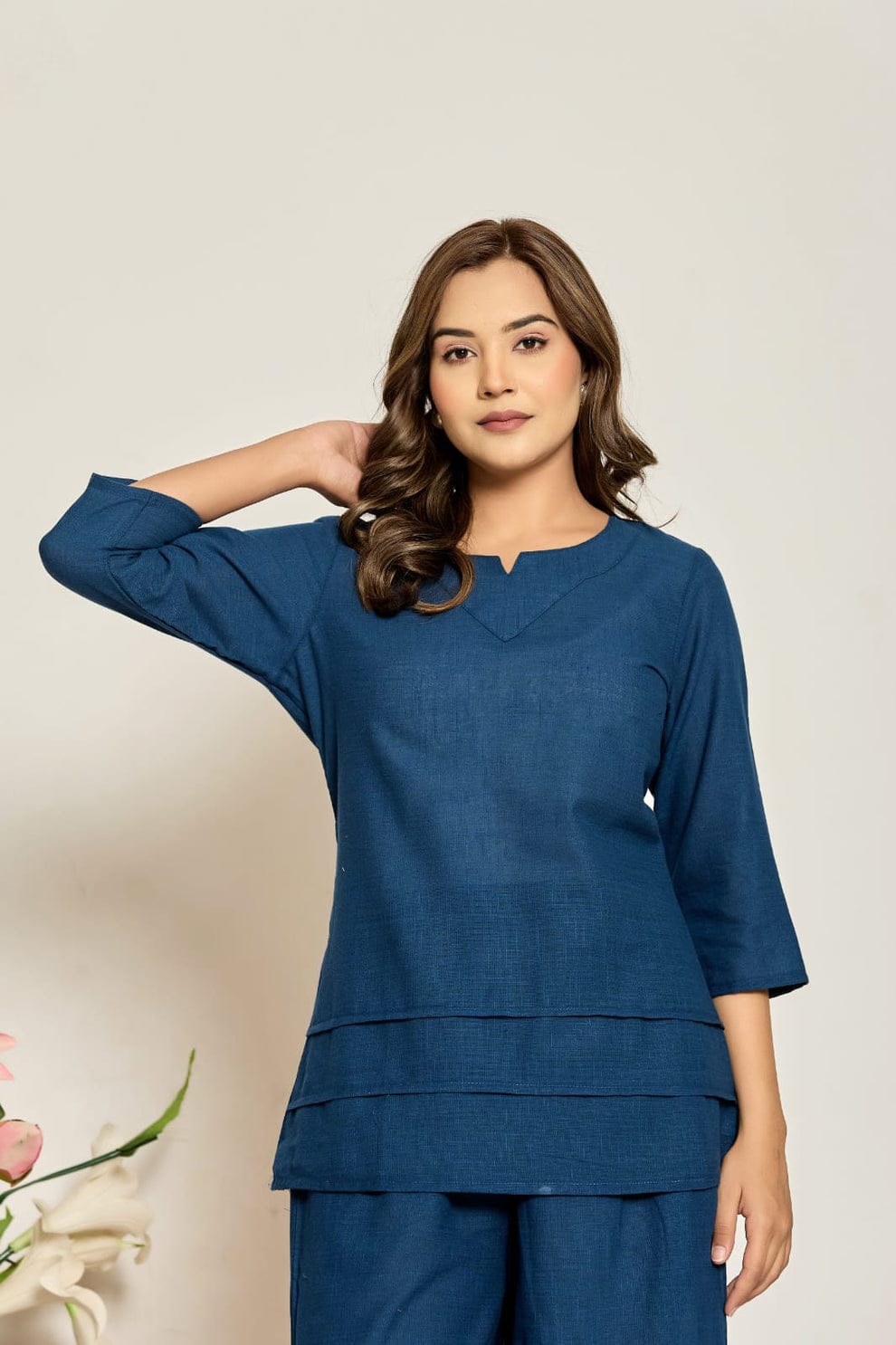 Womens Slub Kurta Pant Set Blue