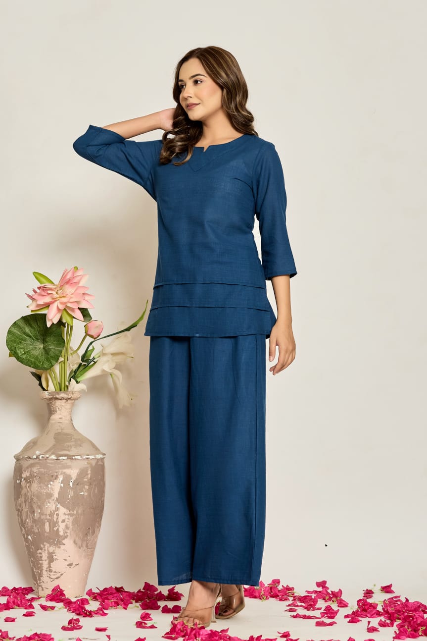 Womens Slub Kurta Pant Set Blue