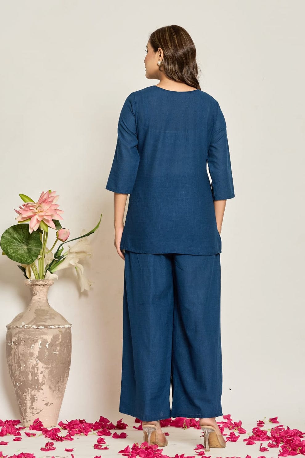 Womens Slub Kurta Pant Set Blue