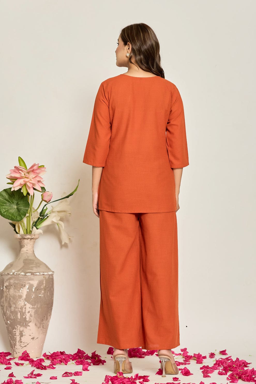 Womens Slub Kurta Pant Set Meroon