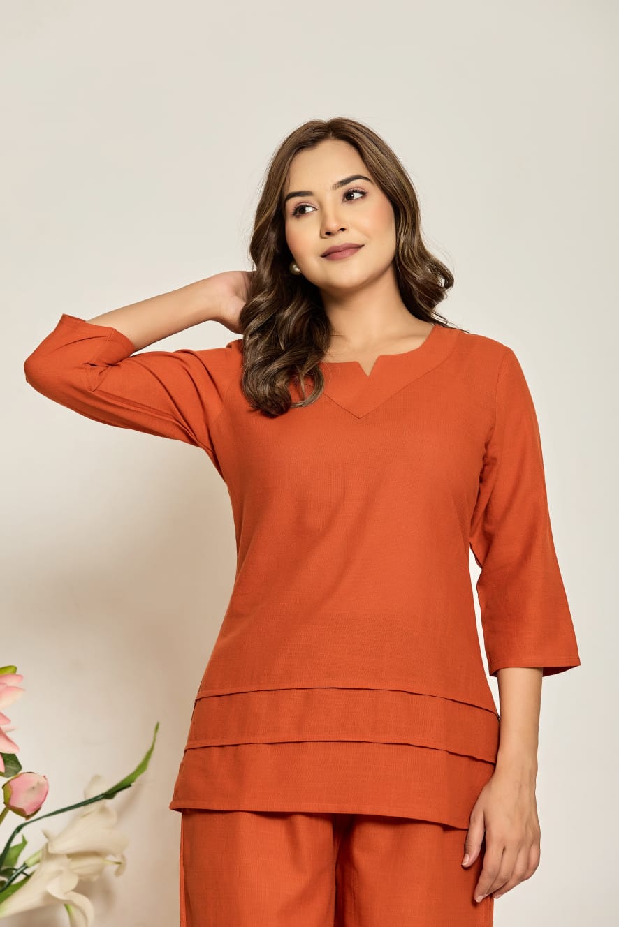 Womens Slub Kurta Pant Set Meroon