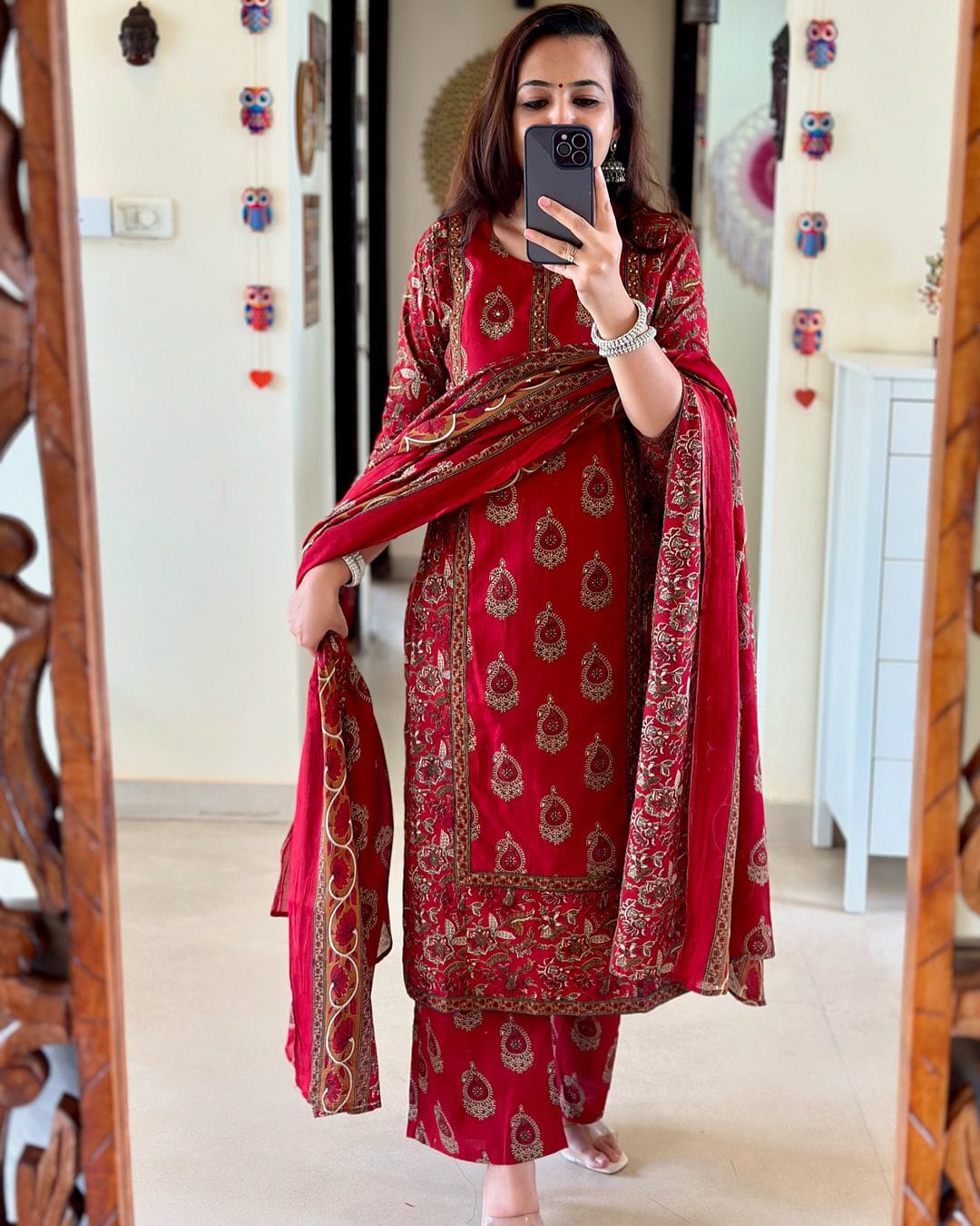 Red Boota Kurta Pant With Dupatta Set Women
