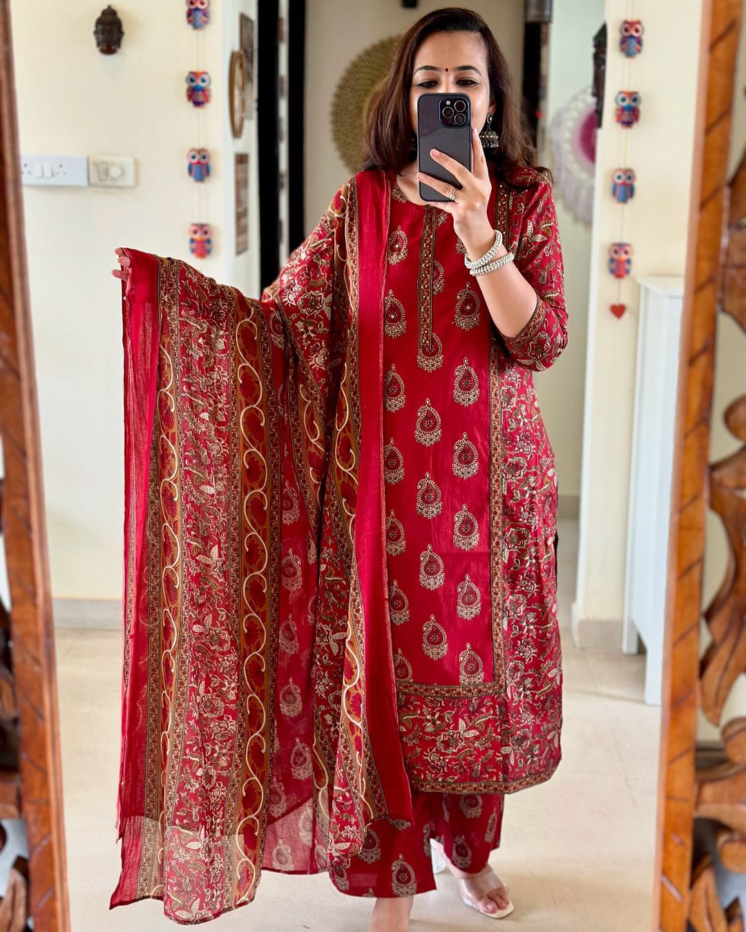 Red Boota Kurta Pant With Dupatta Set Women